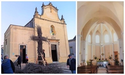 Si accende la focara per San Biagio, protettore della gola, sul sagrato di Mater Domini